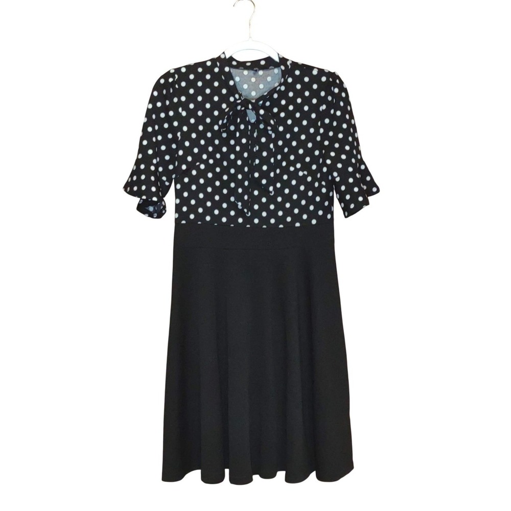 30s Costume Halloween or Career - Polka Dot Tie Neck Midi Dress(L) FLAW